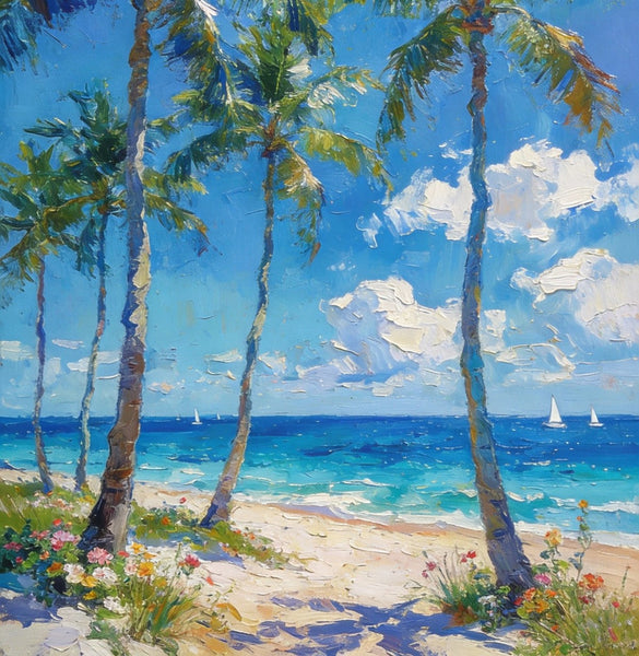 Beachside Haven, Palm Tree Seashore Paintings, Original Landscape Paintings, Canvas Paintings for Dining Room, Heavy Texture Artwork, Small Oil Paintings, Hand Painted Canvas Art-ArtWorkCrafts.com