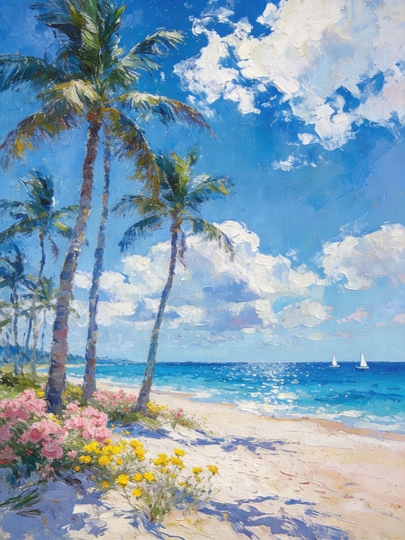 Original Landscape Paintings, Palm Fringed Beach, Summer Resort, Beach Paintings, Small Oil Paintings, Hand Painted Canvas Art, Buy Paintings Online, Canvas Paintings for Bedroom-ArtWorkCrafts.com