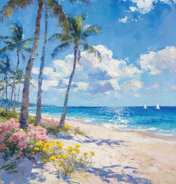 Original Landscape Paintings, Palm Fringed Beach, Summer Resort, Beach Paintings, Small Oil Paintings, Hand Painted Canvas Art, Buy Paintings Online, Canvas Paintings for Bedroom-ArtWorkCrafts.com