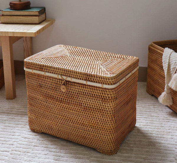 Oversized Storage Baskets for Bedroom, Rectangular Woven Storage Baskets for Clothes, Large Rectangular Storage Basket with Lid, Rattan Storage Case-ArtWorkCrafts.com