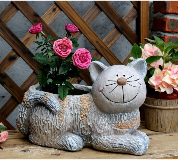 Large Cat Statue, Sitting Cat Flower Pot Statue, Pet Statue for Garden Courtyard Ornaments, Villa Outdoor Decor Gardening Ideas-ArtWorkCrafts.com