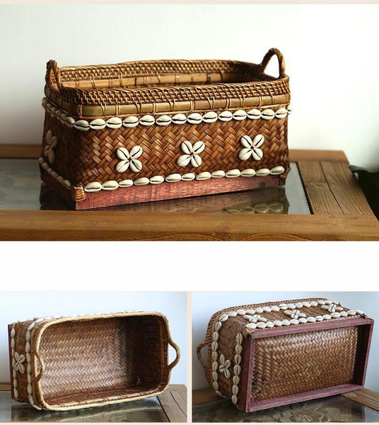 Indonesia Hand Woven Storage Basket, Natural Bamboo and Sea Shell Baskets-ArtWorkCrafts.com