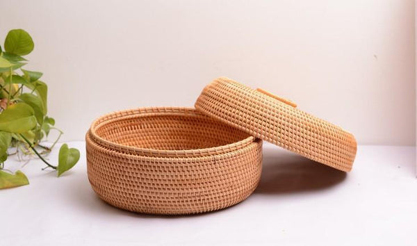 Rattan Basket, Storage Basket with Lid, Woven Basket for Kitchen, Storage Basket for Dining Room, Round Storage Basket-ArtWorkCrafts.com