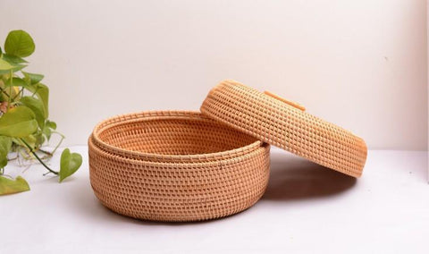 Woven Storage Basket with Lid, Lovely Rattan Basket for Kitchen, Storage Basket for Dining Room, Woven Round Baskets-ArtWorkCrafts.com