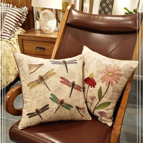 Dragonfly and Flower Cotton and linen Pillow Cover, Embroider Decorative Throw Pillow, Decorative Pillows for Car, Flower Decorative Pillows-ArtWorkCrafts.com