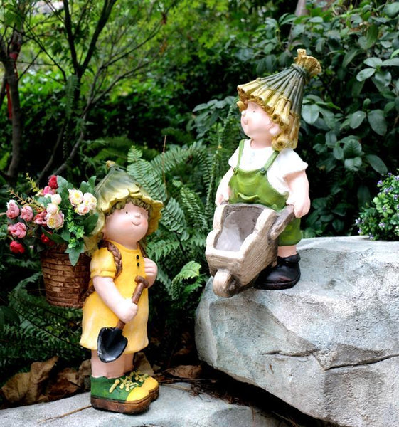 Large Boy Cart and Girl Carry Basket Statues, Flower Pot, Garden Courtyard Ornament, Gardening Ideas, House Warming Gift-ArtWorkCrafts.com