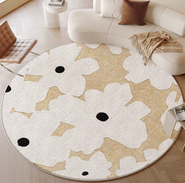 Circular Rugs for Dining Table, Abstract Contemporary Rugs for Bedroom, Modern Round Rugs under Coffee Table, Modern Cream Color Rugs for Living Room-ArtWorkCrafts.com