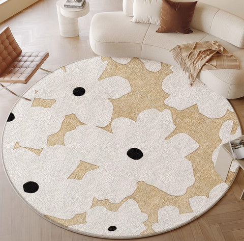 Circular Rugs for Dining Table, Abstract Contemporary Rugs for Bedroom, Modern Round Rugs under Coffee Table, Modern Cream Color Rugs for Living Room-ArtWorkCrafts.com