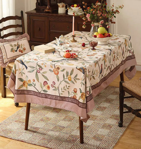 Bird and Fruit Tree Kitchen Table Cover, Linen Table Cover for Dining Room Table, Tablecloth for Round Table, Simple Modern Rectangle Tablecloth Ideas for Oval Table-ArtWorkCrafts.com