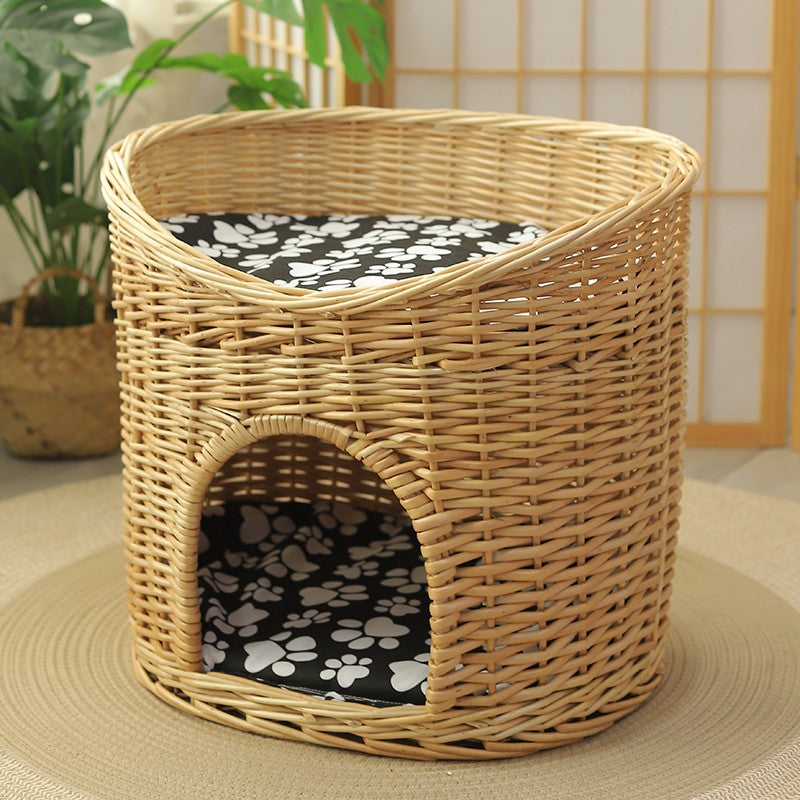 Washable Wicker Cat Bed, Wicker Cat House with Washable Cushion for Indoor Cats and Dogs-ArtWorkCrafts.com