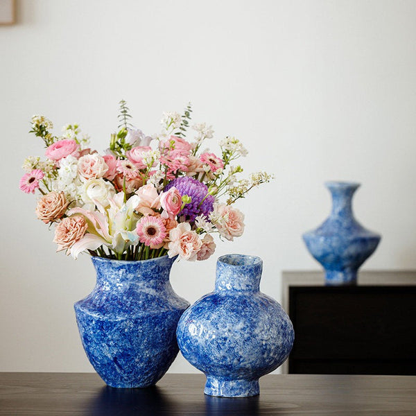Modern Pottery Flower Vases, Handmade Water Holding Flower Vases, Centerpiece on Dining Table, Blue Pottery Bud Vases, Large Flower Vases on Table-ArtWorkCrafts.com