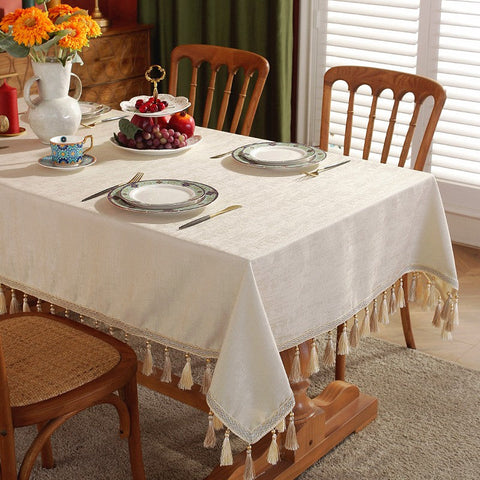 Modern Rectangle Tablecloth for Kitchen, Beige Fringes Tablecloth for Home Decoration, Square Tablecloth for Round Table, Large Simple Table Cloth for Dining Room Table-ArtWorkCrafts.com