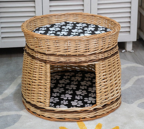 Large Double-Layer Cat Bed, Wicker Cat House Basket with Washable Cushion for Indoor Cats and Dogs-ArtWorkCrafts.com