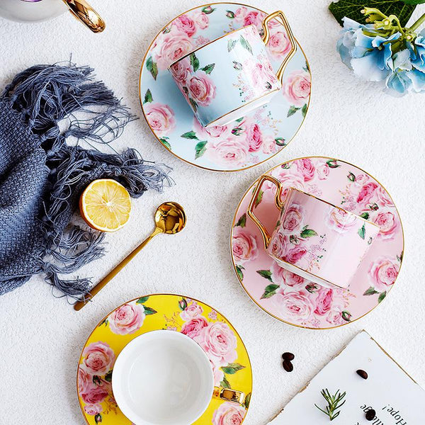 Pink Coffee Cups with Gold Trim and Gift Box, Porcelain Coffee Cups, British Tea Cups, Rose Flower Tea Cup and Saucer, Latte Coffee Cups-ArtWorkCrafts.com