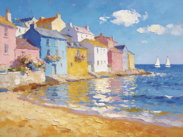 Landscape Canvas Paintings, Ocean Front Town Allure, Seashore Beach Paintings, Small Landscape Paintings on Canvas, Palette Knife Oil Paintings, Hand Painted Canvas Art, Original Oil Paintings-ArtWorkCrafts.com