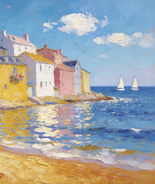 Landscape Canvas Paintings, Ocean Front Town Allure, Seashore Beach Paintings, Small Landscape Paintings on Canvas, Palette Knife Oil Paintings, Hand Painted Canvas Art, Original Oil Paintings-ArtWorkCrafts.com