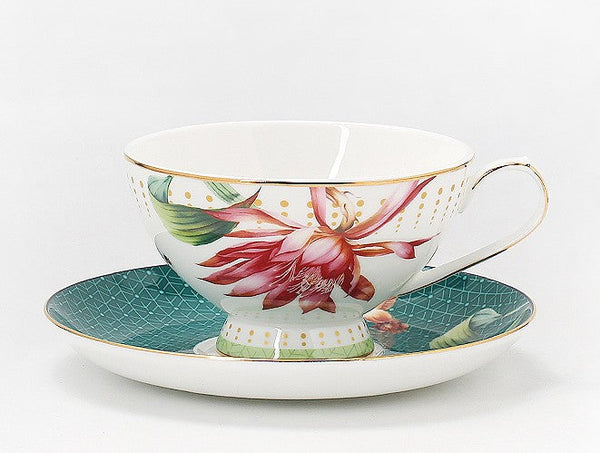 Lotus Flower Porcelain Tea Cup Saucer Set, Elegant Ceramic Coffee Cups, Beautiful British Tea Cups, Traditional English Tea Cup and Saucer-ArtWorkCrafts.com