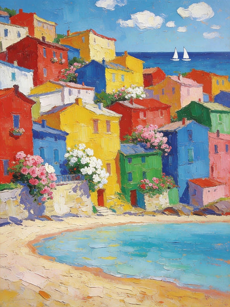Heavy Texture Wall Art Paintings, Coastal Town Blissful Scene, Small Paintings On Canvas, Hand Painted Canvas Art, Original Landscape Art, Buy Original Paintings-ArtWorkCrafts.com