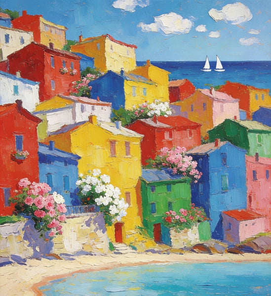 Heavy Texture Wall Art Paintings, Coastal Town Blissful Scene, Small Paintings On Canvas, Hand Painted Canvas Art, Original Landscape Art, Buy Original Paintings-ArtWorkCrafts.com