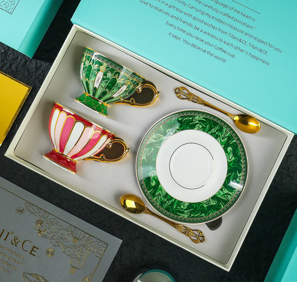 Elegant Ceramic Coffee Cups, Beautiful British Tea Cup with Saucer, 8 Ounce Porcelain Tea Cup Saucer Set of 2 Cups, Unique Tea Cup and Saucer in Gift Box as Birthday Gift-ArtWorkCrafts.com
