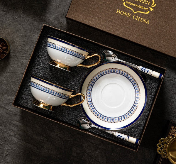 Elegant British Ceramic Coffee Cups, Unique British Tea Cup and Saucer in Gift Box, Blue Porcelain Tea Cup Set-ArtWorkCrafts.com