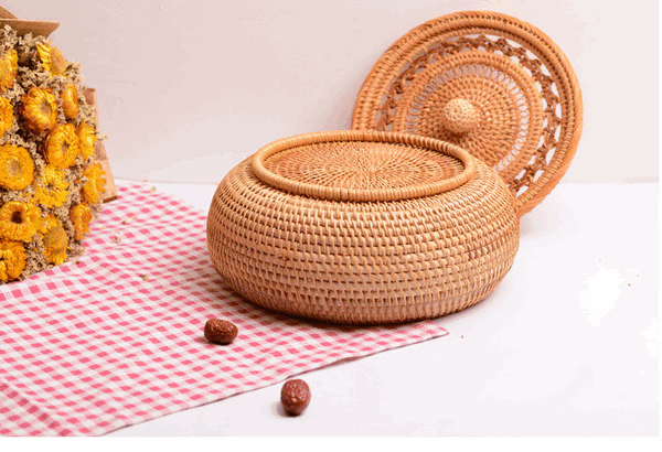 Woven Storage Basket with Lid, Lovely Rattan Round Storage Basket, Round Storage Basket for Kitchen-ArtWorkCrafts.com