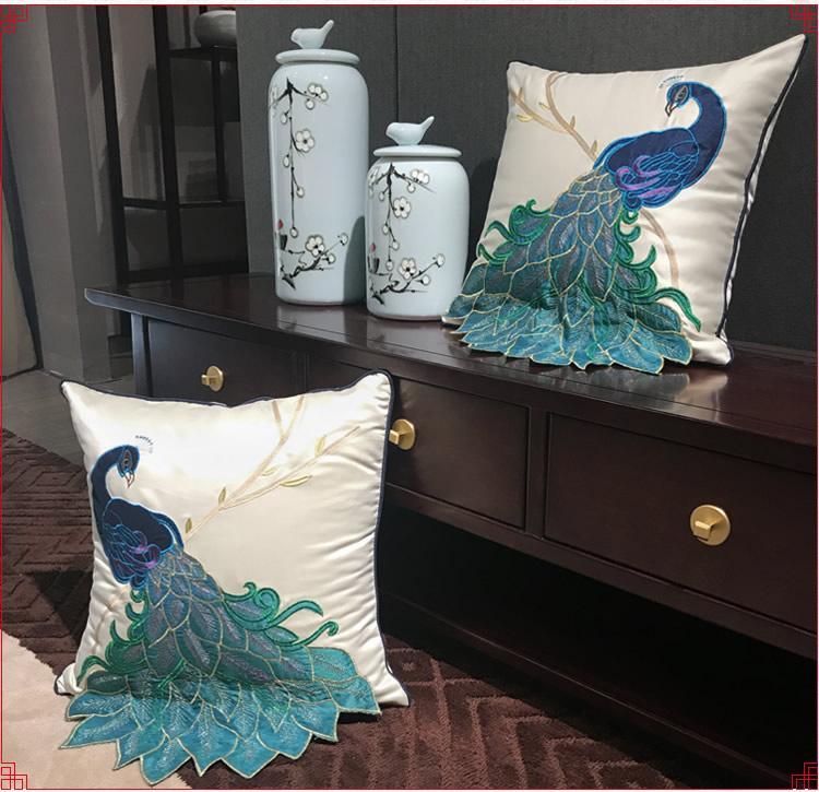 Embroidered Peacock Cotton Linen Pillow Cover, Exotic Bird Decorative Throw Pillow, Artistic Sofa Cushion, Luxury Home Textile, Boho Farmhouse Decor