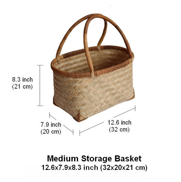 Storage Basket with Handle, Large Kitchen Storage Baskets, Natural Hand-woven Bamboo Storage Basket, Lovely Bamboo Weaving Baskets for Vegetable, Picnic Fruit Storage Baskets-ArtWorkCrafts.com