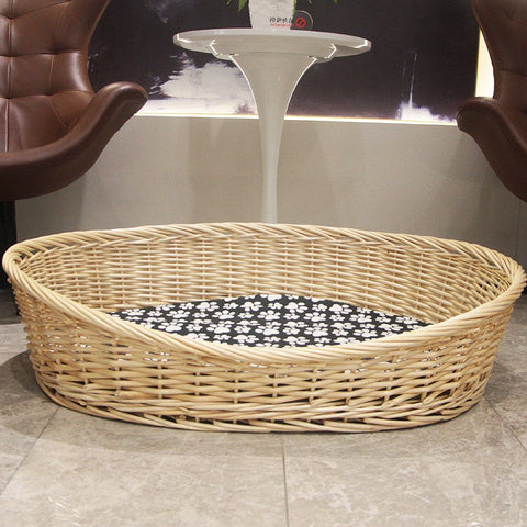 Natural Wicker Dog Bed with Washable Cushion for Indoor Cats and Dogs, Hand woven Rattan Cat Beds-ArtWorkCrafts.com