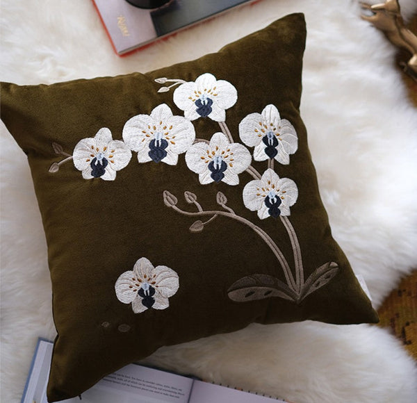 Large Decorative Pillows for Couch, Dark Olive Green Embroidered Moth Orchid Cushion, Decorative Pillow Arrangement Ideas for Couch, Living Room Decorative Pillows, Modern Throw Pillows for Bedroom-ArtWorkCrafts.com