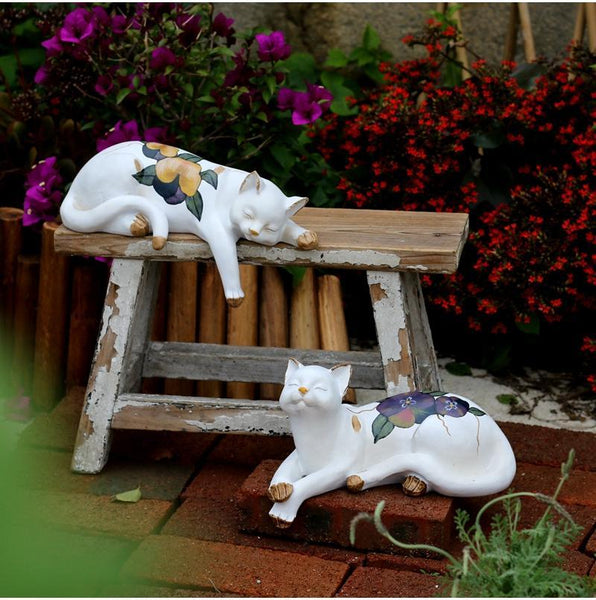 Lovely Cat Statue for Garden Ornament, Sleeping Cats Resin Statues, Garden Courtyard Decoration, Villa Outdoor Decor Gardening Ideas, House Warming Gift-ArtWorkCrafts.com