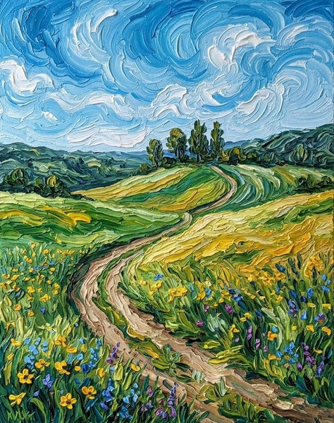 Original Landscape Paintings, Swirling Sky Over Wildflower Path, Original Oil Paintings, Heavy Texture Paintings, Hand Painted Canvas Art, Small Canvas Artwork