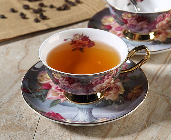 Ceramic Tea Cup and Saucer in Gift Box, Rose Flower Royal Porcelain Tea Cup Saucer Set, Elegant Ceramic Coffee Cups, Beautiful British Tea Cups-ArtWorkCrafts.com