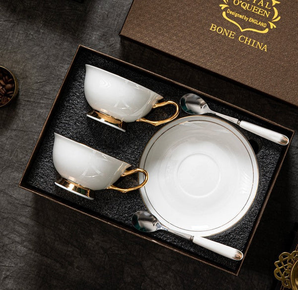 White Ceramic Cups, Elegant British Ceramic Coffee Cups, 7.8 oz Porcelain Tea Cup Saucer Set, Unique Tea Cup and Saucer in Gift Box-ArtWorkCrafts.com