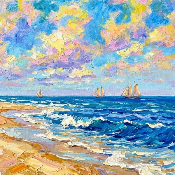 Hand Painted Canvas Art, Bright Blue Ocean with Distant Sails, Heavy Texture Paintings, Original Seascape Paintings, Miniature Canvas Art, Original Oil Paintings
