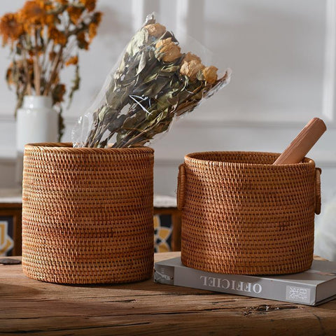 Small Rattan Storage Basket, Round Storage Basket, Woven Storage Basket, Kitchen Storage Baskets-ArtWorkCrafts.com