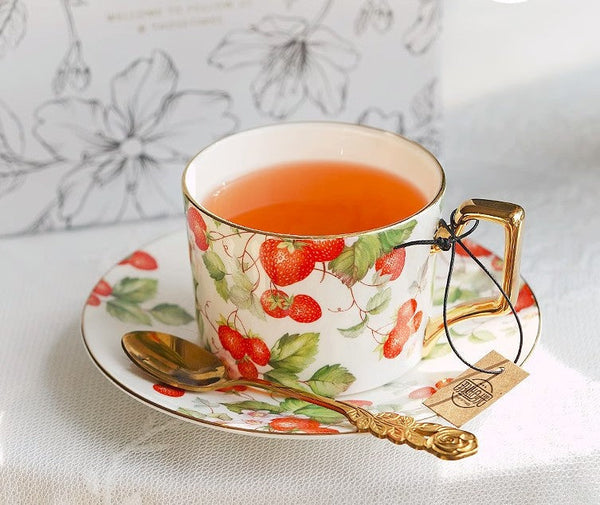 Strawberry Bone China Porcelain Tea Cup Set, Elegant Ceramic Coffee Cups, British Royal Ceramic Cups for Afternoon Tea, Unique Blue Tea Cup and Saucer in Gift Box-ArtWorkCrafts.com