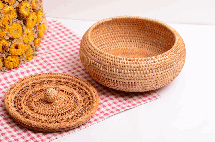Woven Storage Basket with Lid, Lovely Rattan Round Storage Basket, Round Storage Basket for Kitchen-ArtWorkCrafts.com