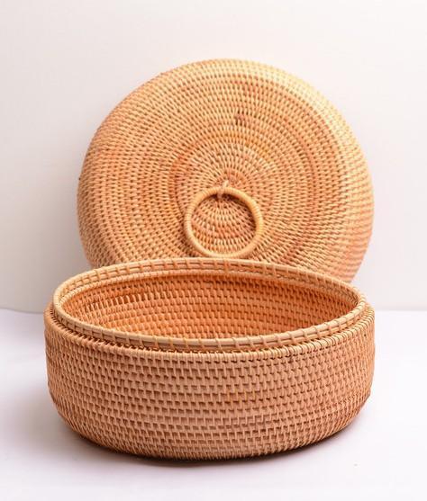 Rattan Basket, Storage Basket with Lid, Woven Basket for Kitchen, Storage Basket for Dining Room, Round Storage Basket-ArtWorkCrafts.com