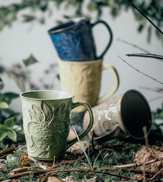 Green Ceramic Coffee Mug, Birthday Gifts, Stoneware Coffee Mugs, Handmade Pottery Coffee Mug, Large Capacity Coffee Cups-ArtWorkCrafts.com