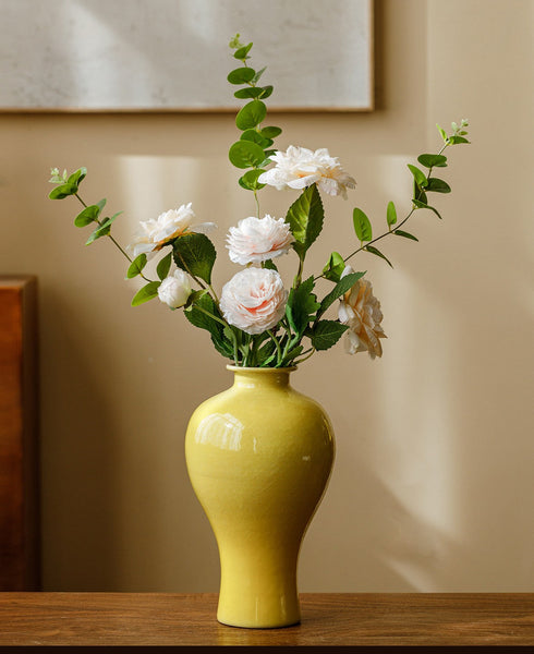 Porcelain Flower Vases, Handmade Water Holding Flower Vase, Yellow Flower Vases on Table, Ceramic Bud Vases-ArtWorkCrafts.com