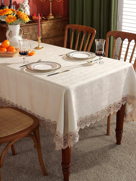 Large Simple Table Cloth for Dining Room Table, Beige Lace Tablecloth for Home Decoration, Modern Rectangle Tablecloth, Square Tablecloth for Round Table-ArtWorkCrafts.com