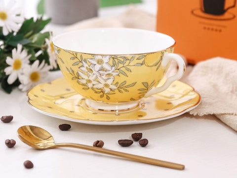 Creative Yellow Ceramic Coffee Cups, Unique Flower Coffee Cups and Saucers, Beautiful British Tea Cups, Creative Bone China Porcelain Tea Cup Set-ArtWorkCrafts.com