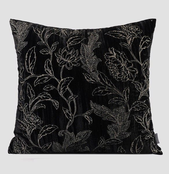 Contemporary Modern Sofa Pillows, Black Embroidery Flower Pattern Pillows for Couch, Decorative Throw Pillows for Bedroom, Large Modern Sofa Pillow for Dining Room