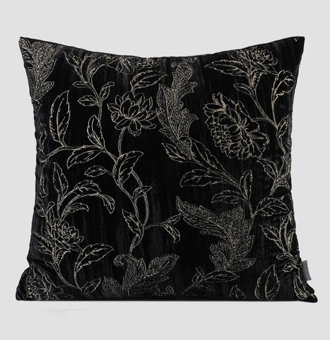 Contemporary Modern Sofa Pillows, Black Embroidery Flower Pattern Pillows for Couch, Decorative Throw Pillows for Bedroom, Large Modern Sofa Pillow for Dining Room