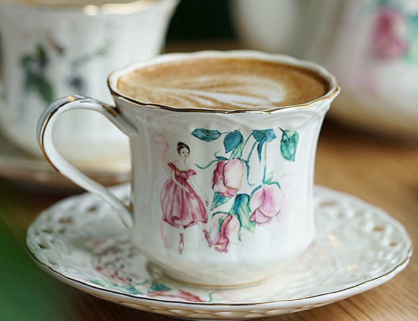 Elegant British Tea Cups, Beautiful Bone China Porcelain Tea Cup Set, Traditional English Tea Cups and Saucers, Unique Ceramic Coffee Cups-ArtWorkCrafts.com