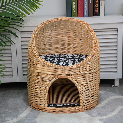 Large Cat House Basket with Washable Cushion for Indoor Cats and Dogs, Double-Layer Cat Bed-ArtWorkCrafts.com