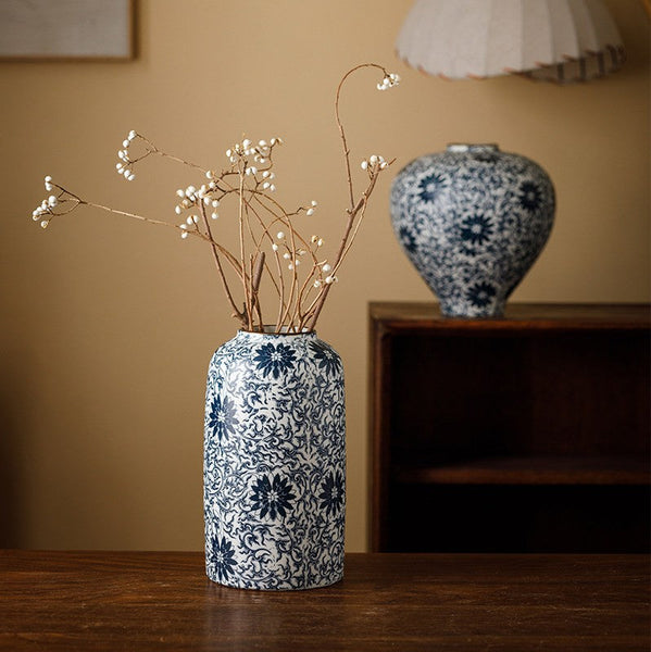 Vintage Bouquet Flower Vases, Centerpiece on Dining Table, Large Blue Flower Vase on Table, Handmade Porcelain Flower Vases Urn, Water Holding Flower Vases-ArtWorkCrafts.com