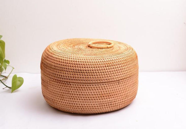 Rattan Basket, Storage Basket with Lid, Woven Basket for Kitchen, Storage Basket for Dining Room, Round Storage Basket-ArtWorkCrafts.com