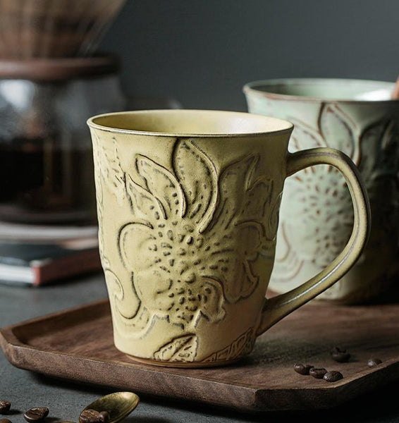 Green Ceramic Coffee Mug, Birthday Gifts, Stoneware Coffee Mugs, Handmade Pottery Coffee Mug, Large Capacity Coffee Cups-ArtWorkCrafts.com